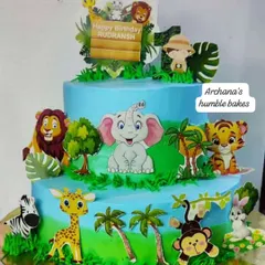 A two-tiered jungle safari cake for Rudransh's first birthday. It's decorated with cute, friendly animal toppers like elephants, lions, and monkeys.
