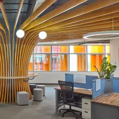 For the Infosys Campus in Nagpur, I designed collaborative zones that are both inspiring and functional. This tree-like structure is a central feature, providing an informal meeting spot while enhancing the biophilic quality of the workspace, connecting employees with natural forms and materials.