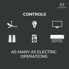 We simplify control over as many electric operations as you need. This graphic shows the range of devices we can integrate, including fans, lights, TVs, curtains, speakers, and air conditioners, all managed through one unified system.