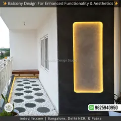 A minimalist balcony design that proves simplicity can be stunning. I used a backlit feature wall for evening ambiance, a floating wooden bench for seating, and a modern pebble pathway to create a clean, serene space.