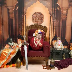 A newborn king resting on his throne. This Chhatrapati Shivaji Maharaj theme for newborns is about instilling pride from the very beginning, with a miniature sword and royal wraps.