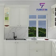 This 3D render showcases a classic kitchen design with ample storage, including a full-height pantry unit. The window provides natural light, enhancing the bright and airy feel of the white cabinetry and marble-effect backsplash.