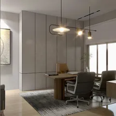 An alternate view of the office, showing the seamless integration of the wall paneling which conceals storage. The design prioritizes a clean, uncluttered aesthetic to foster productivity and a sense of calm professionalism.