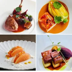 A sample of our fine dining menu options. This collage features perfectly cooked duck, pork belly, and fish, each plated with unique sauces and accompaniments.