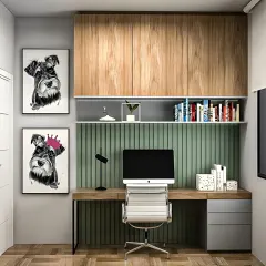 A personalized home office with a fluted green accent wall, overhead storage, and fun artwork to inspire creativity.