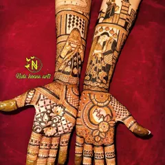 This customized bridal design includes portraits, cityscapes, and other personal elements chosen by the bride to tell her unique story.