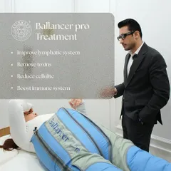 Here I am with a client undergoing the Ballancer® Pro treatment. The on-screen text highlights its primary benefits: improving the lymphatic system, removing toxins, reducing cellulite, and boosting the immune system for a full-body reset.
