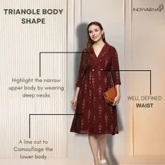 If you have a triangle body shape, our strategy is to highlight your narrow upper body. I recommend A-line cuts, deep necklines, and well-defined waists to create a beautiful and proportionate look.