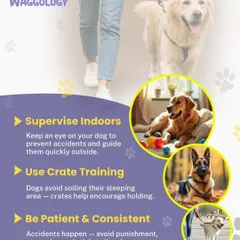 Potty training requires patience and consistency. This graphic provides key tips like supervising your puppy indoors and using crate training to encourage good habits. Remember to stay calm and avoid punishment, as accidents are part of the learning process.