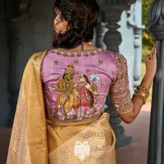 Here, mythology becomes wearable art. This blouse from my Janaki Rama series portrays the divine bond of Sita and Rama. The story is hand painted and then intricately embroidered on the back of the blouse, creating a piece that is both a garment and a sacred tribute.