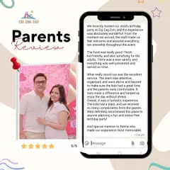 A 5-star review from happy parents who praised our excellent, attentive, and organized service. They highlight how our team helped them enjoy the day without stress.
