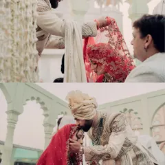 The sacred moments of the Nikah ceremony. The groom gently lifts the bride's veil, a gesture of love and respect framed by the serene elegance of the setting.