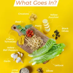 Here are the building blocks of our Pesto Piccolo. We use whole wheat pasta, sun-ripened cherry tomatoes, fresh basil, and crisp lettuce to create a foundation of natural flavour.
