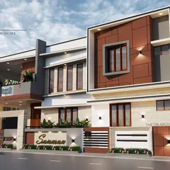 This 3D render of the "Sanman" residence shows the facade from a different angle, emphasizing the clean lines and the elegant color scheme.