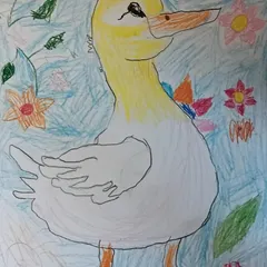 A charming duck illustration by one of our junior artists, filled with colorful flowers and a bright blue background.