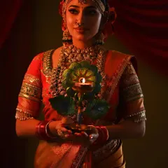 A full view of the festive look, featuring a layered necklace set and a traditional matha patti.
