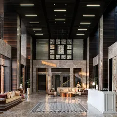 Another view of the Arihant lobby, showcasing the scale of the project. The lighting automatically adjusts based on the time of day, enhancing the architecture and saving energy.