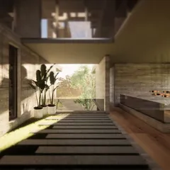 A rendering of a residential interior, exploring the use of exposed concrete and natural light. A walkway of stone pavers set in grass brings the landscape directly into the home.