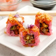 A playful and colourful take on a classic. Our chefs use natural ingredients to create this pink rice sushi, offering a fun and delicious option that is always a hit at events.