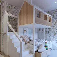 This treehouse-inspired bunk bed turns bedtime into an adventure. The design includes a sturdy staircase, a cozy lower bunk with under-bed storage, and a playful upper level, all in a clean white and natural wood finish.