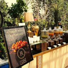 Our "Ultimate Chaat Experience" station set up for an outdoor event. The elegant counter, branded signage, and beautiful serveware demonstrate how we elevate traditional street food into a luxury experience.