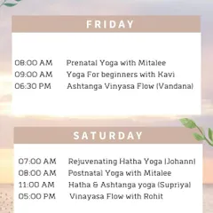 A partial yoga schedule for Friday and Saturday. This graphic invites you to embark on a transformative journey with our diverse sessions, including Prenatal, Postnatal, and Vinyasa Flow.