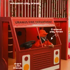 Welcome to the Uranus Fire Department. Here, kids can dress up as firefighters, steer the big red truck, and learn about helping others. It's one of our most popular pretend play zones.