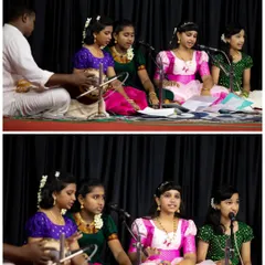 Our young vocalists share the stage with a mridangam artist, learning the dynamics of performing as part of a live ensemble. This practical experience is a core part of our teaching philosophy.