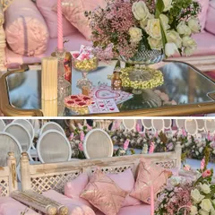 This split image shows the details of the lounge seating, with plush pink cushions and floral arrangements, creating a comfortable and stylish space for guests to relax by the beach.