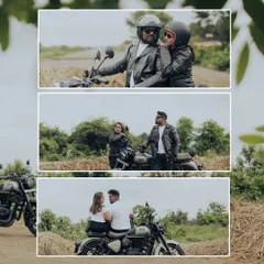 Felix and Sharon's biker-themed pre-wedding shoot was all about their shared passion. This collage captures their adventurous spirit and the fun they have together.