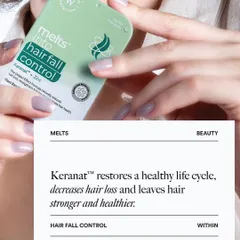This close-up shot for Wellbeing Nutrition's 'Melts into Hairfall Control' focuses on the product's innovative form factor. It's a clean, aspirational image that communicates the product's purpose with clarity and elegance.
