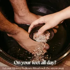 If you're on your feet all day, my Mintree Pedicure Ritual is perfect for you. This image shows a relaxing foot soak with bath salts, designed to melt away stress and soothe tired muscles.