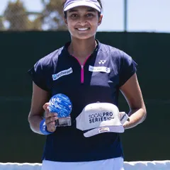 Holding the singles title trophy at the SoCal Pro Series. Winning this event without dropping a set was a great feeling and a testament to my preparation.