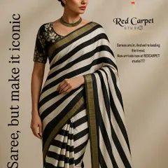 "Saree, but make it iconic." This image captures the timeless appeal of a bold, striped saree. Paired with a contrasting embroidered blouse, it's a look that is both classic and powerful.