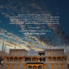 The stunning Bilupa Mountain Lodge in Chushot, our home for the Ladakh retreat. Nestled by the Indus River, it’s a place where Ladakh’s beauty and culture come alive, offering luxury with an elegant cultural touch.