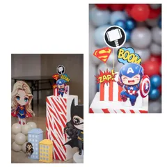 A collage of our cute superhero props, including Supergirl, Captain America, and other mini-heroes.