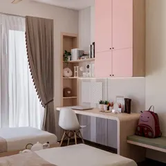 The same kids' room, showing the integrated study nook with open shelving and overhead cabinets in a playful pink. The design includes a bench with storage, ensuring the space is as functional as it is beautiful.