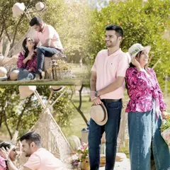 A whimsical and romantic picnic-themed shoot. This collage showcases various playful and tender moments from a fun, stylized session.