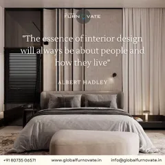 An inspirational bedroom concept featuring a plush bed and elegant wall paneling, paired with a quote about the essence of interior design.