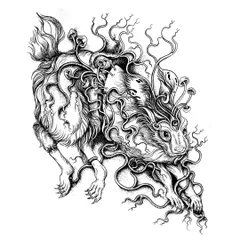 A mythical rabbit-like creature, with mushrooms growing from its head and roots trailing from its feet. I love creating these fantasy animals that feel like they belong to an ancient, magical forest.