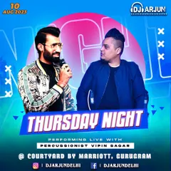 Kicking off the party on a Thursday night at the Courtyard by Marriott in Gurugram. This poster highlights another one of my energetic performances alongside live percussion, a setup that guarantees a full dance floor.