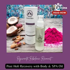 This image shows how my Body & Spa Oil can be used for post-Holi recovery. The natural ingredients like coconut and almond help rejuvenate and rebalance skin after exposure to colors, providing deep nourishment.