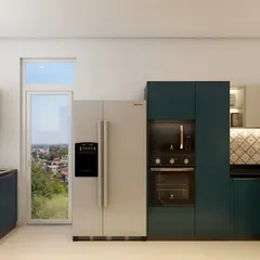A bold and modern kitchen design with deep teal cabinets and a striking geometric backsplash. The layout is designed for efficiency, with the refrigerator, oven, and sink forming a perfect work triangle.