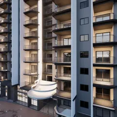 A closer view of the apartment facade, showing how the curved elements at the base of the vertical fins soften the building's form. This detail adds a touch of elegance and unifies the overall design.