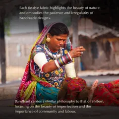 A woman in traditional attire demonstrates the Bandhani technique. This art form embodies patience and the beauty of handmade designs, often created within a community setting.
