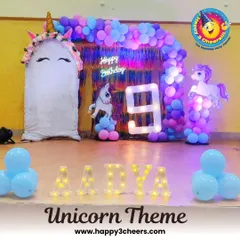 For Aadya's 9th birthday, I designed this magical unicorn theme. The setup included a large unicorn head prop, a shimmering backdrop, a neon "Happy Birthday" sign, and marquee letters spelling her name.