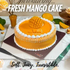 We celebrate mango season with our Fresh Mango Cake. This dessert features soft vanilla sponge, light whipped cream, and a generous topping of fresh, juicy Alphonso mango, capturing the true taste of summer.