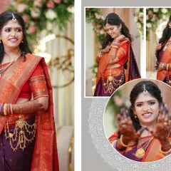A collection of stunning bridal portraits in a traditional silk saree. We highlight the intricate details of the attire, jewelry, and henna in our bridal photography.