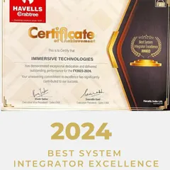 A close-up of our 2024 Best System Integrator Excellence Award certificate from Havells Crabtree. This award recognizes our exceptional dedication and outstanding performance in the field.