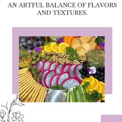 "An artful balance of flavors and textures." This image displays a colorful platter with fresh dragon fruit, oranges, nuts, and crackers, centered around our cheese and dips.